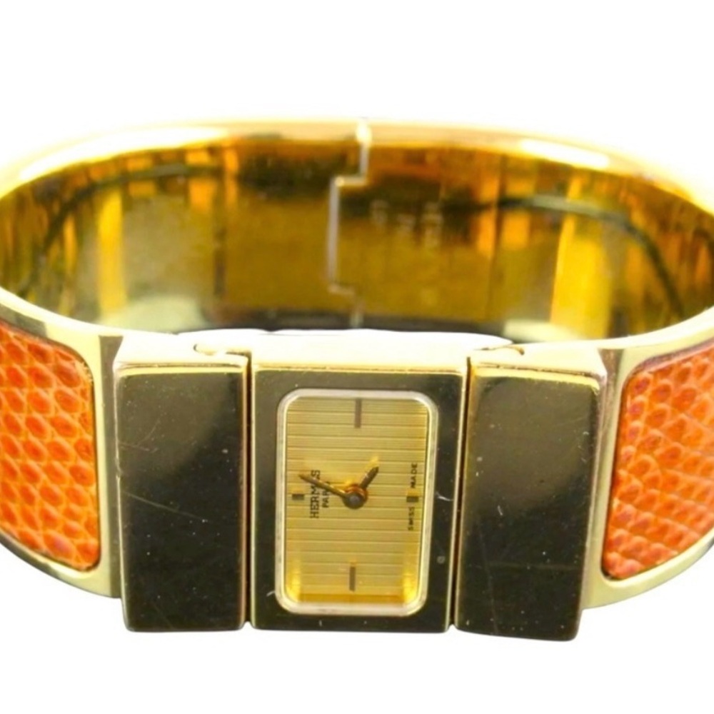 Hermes Bangle Watch with Brown Orange Lizard Leather band